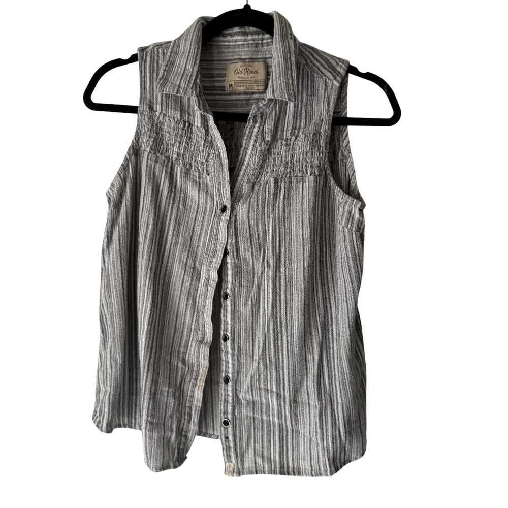 Old Ranch Sleeveless‎ Striped Button Up Shirt Size M Western Cottage 100% Cotton
